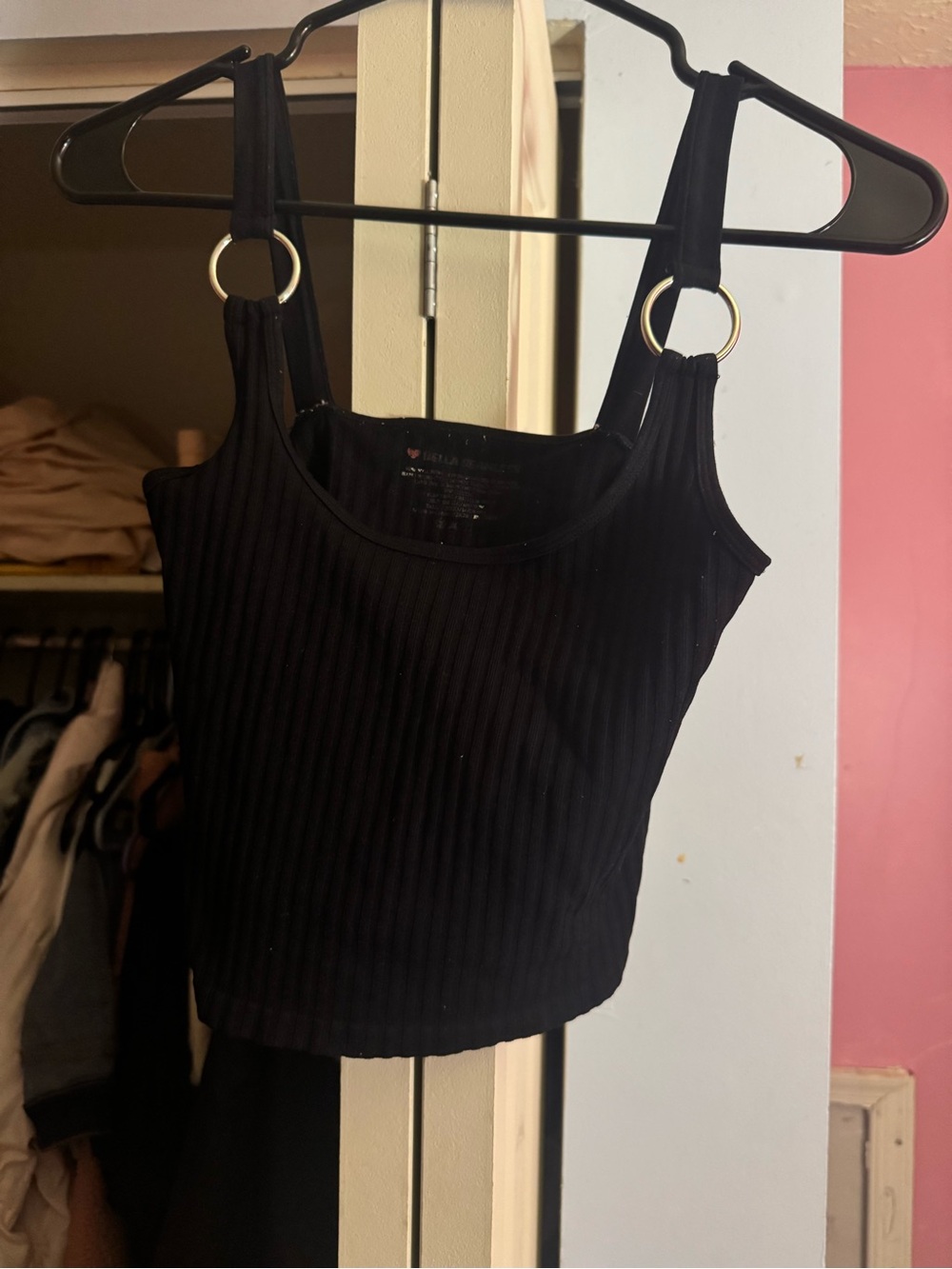 Rainbow Black Ribbed Crop Tank with Gold Ring Straps